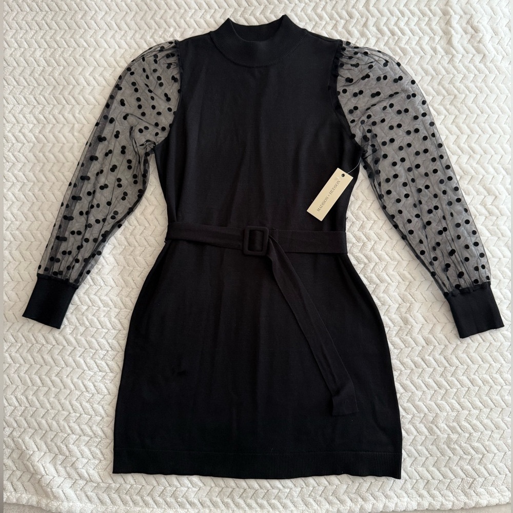 Black Dress with Sheer Polka Dot Sleeves